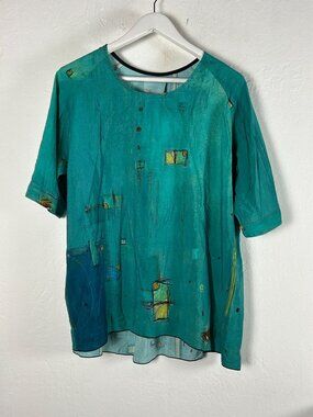 3 Potato Womens Abstract Print Short Sleeve Tunic Top M/L Art to Wear Teal Green